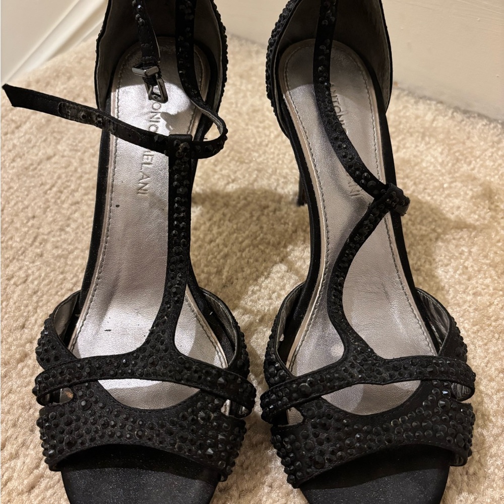 ANTONIO MELANI Black Heels with Rhinestone Embellishments 7.5